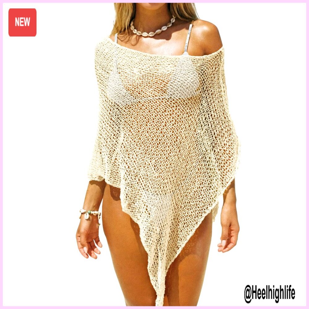 Sheer Crochet Mesh Cover Up Batwing Sleeve Boho Poncho Top